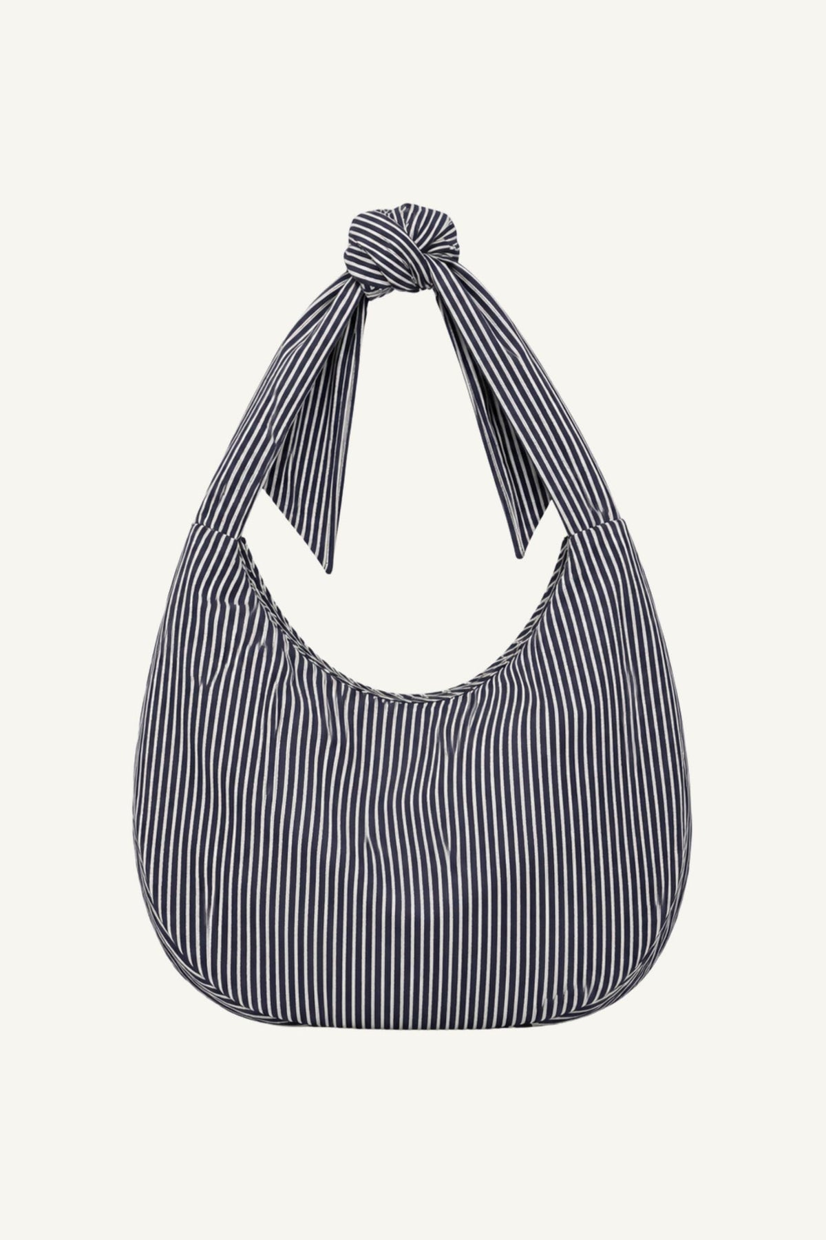 Photo produit à plat, sans mannequin, Sac à nouer en denim rayé bleu/blanc Sasha