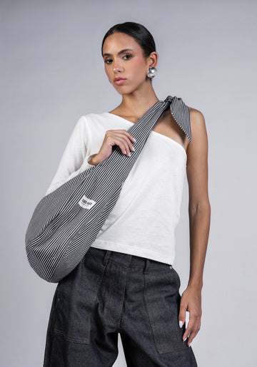 Sac à nouer en denim rayé bleu/blanc - Sasha