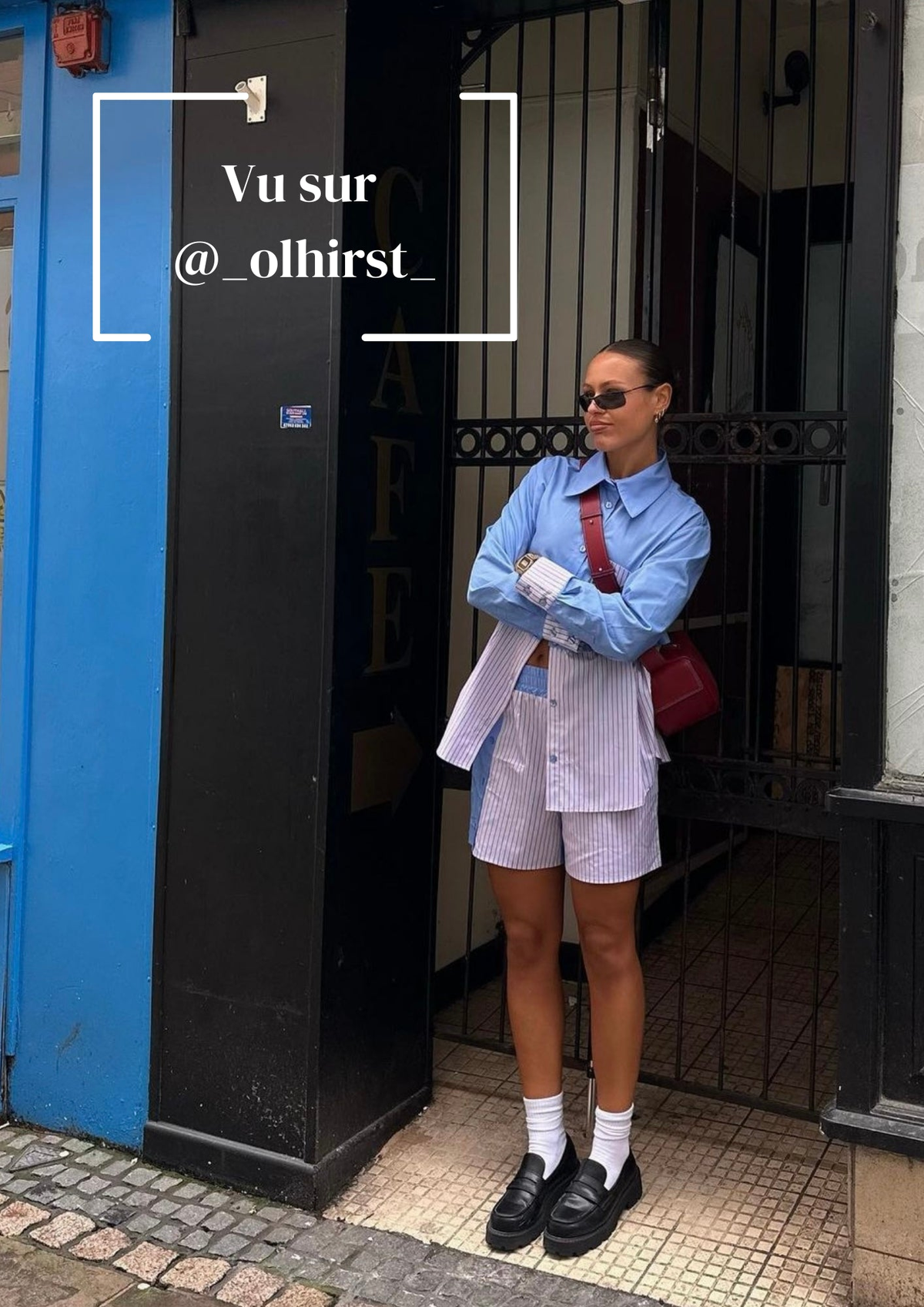 Chemise 2 en 1 bleue Andréa, porté en mouvement, son col légèrement oversize lui donne une touche d’élégance supplémentaire