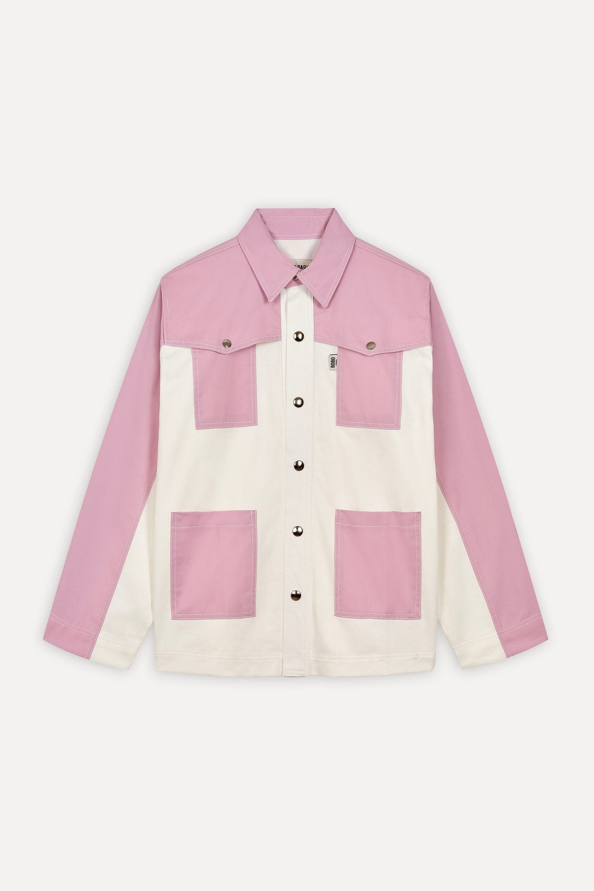 Veste en jean Gauthier Lilas, porté, vue de profil, la veste Gauthier s’inspire des vestes de travail traditionnelles, couleurs signature Bobo Paris